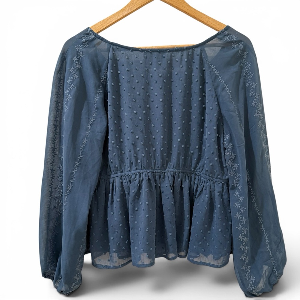 Böhme Yvette Swiss Dot Peplum Blouse Blue Embroidered Boho Top Large - Picture 3 of 6